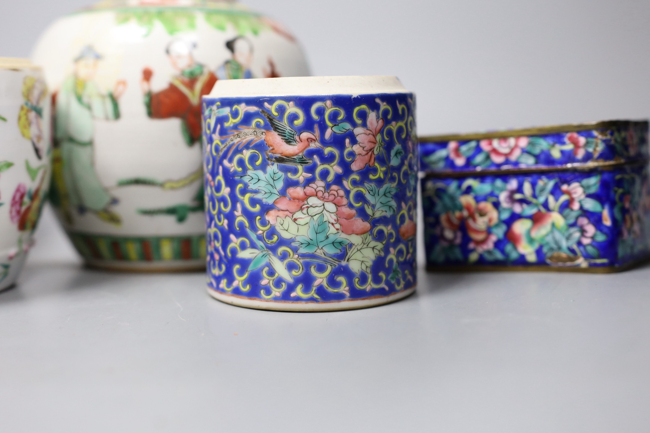 A Chinese famille verte ginger jar, together with three famille rose ceramics, a blue enamel box and cover, and a Chinese blue polychrome box (6)
